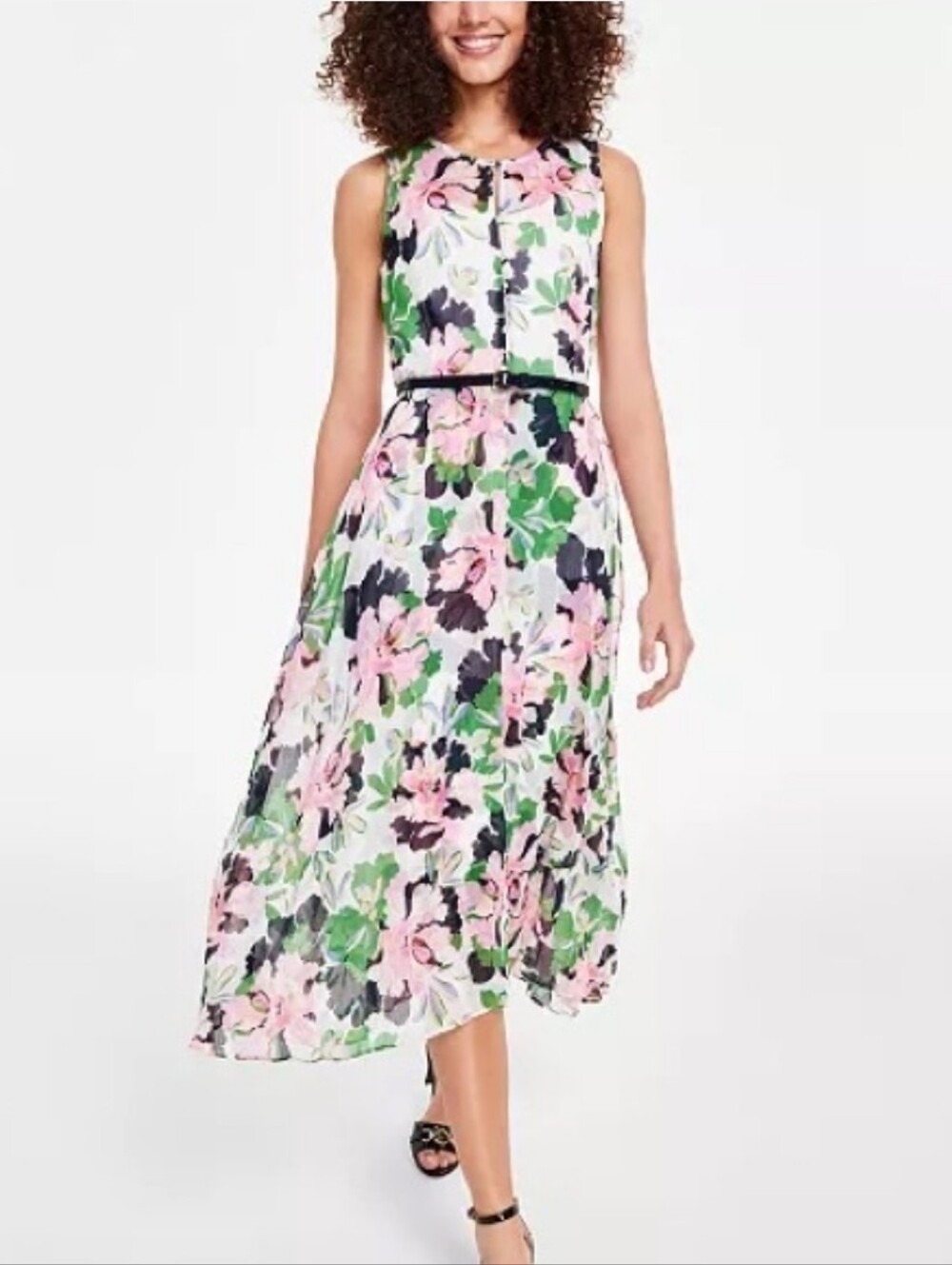 New Tommy Hilfiger Belted Chiffon Navy Floral Sleeveless Midi Dress Lined Sz 10